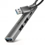 Hub USB AXAGON HUE-STA — regleta de aluminio de 4 puertos, 1× USB-A 5 Gbit/s + 2× USB-A y 1× USB-C 480 Mbit/s, host USB-A, gris