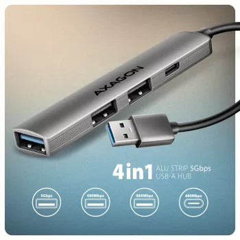 Hub USB AXAGON HUE-STA — regleta de aluminio de 4 puertos, 1× USB-A 5 Gbit/s + 2× USB-A y 1× USB-C 480 Mbit/s, host USB-A, gris