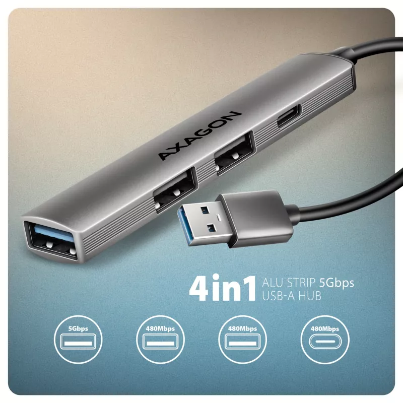Hub USB AXAGON HUE-STA — regleta de aluminio de 4 puertos, 1× USB-A 5 Gbit/s + 2× USB-A y 1× USB-C 480 Mbit/s, host USB-A, gris