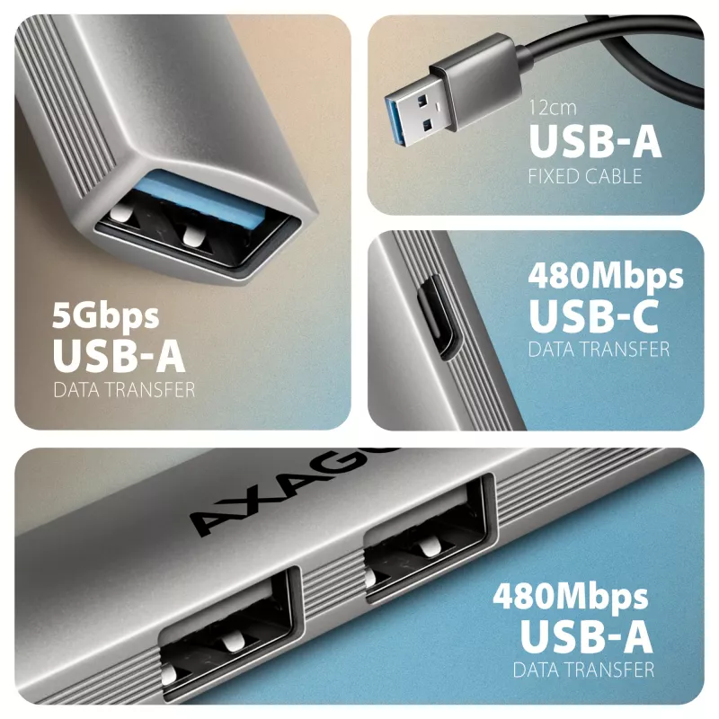 Hub USB AXAGON HUE-STA — regleta de aluminio de 4 puertos, 1× USB-A 5 Gbit/s + 2× USB-A y 1× USB-C 480 Mbit/s, host USB-A, gris