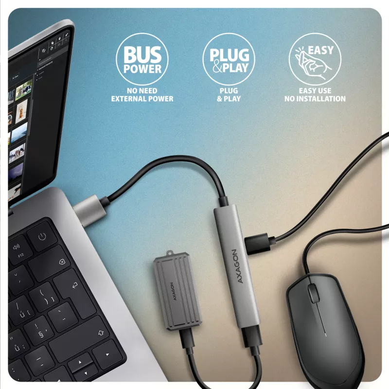 Hub USB AXAGON HUE-STA — regleta de aluminio de 4 puertos, 1× USB-A 5 Gbit/s + 2× USB-A y 1× USB-C 480 Mbit/s, host USB-A, gris