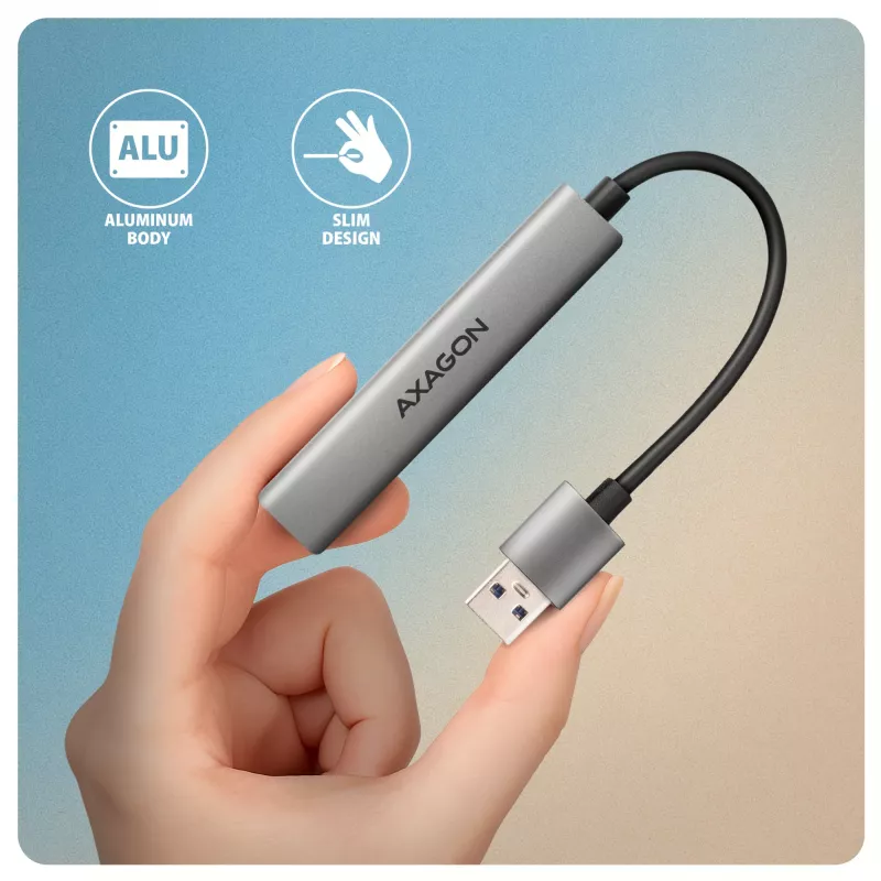 Hub USB AXAGON HUE-STA — regleta de aluminio de 4 puertos, 1× USB-A 5 Gbit/s + 2× USB-A y 1× USB-C 480 Mbit/s, host USB-A, gris