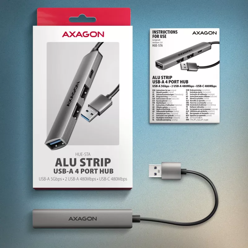 Hub USB AXAGON HUE-STA — regleta de aluminio de 4 puertos, 1× USB-A 5 Gbit/s + 2× USB-A y 1× USB-C 480 Mbit/s, host USB-A, gris
