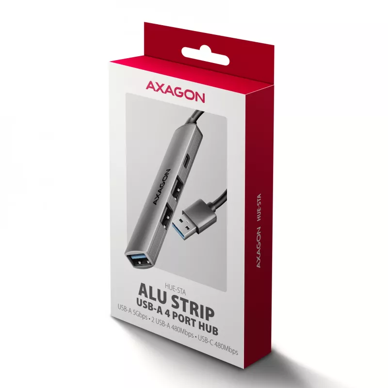 Hub USB AXAGON HUE-STA — regleta de aluminio de 4 puertos, 1× USB-A 5 Gbit/s + 2× USB-A y 1× USB-C 480 Mbit/s, host USB-A, gris