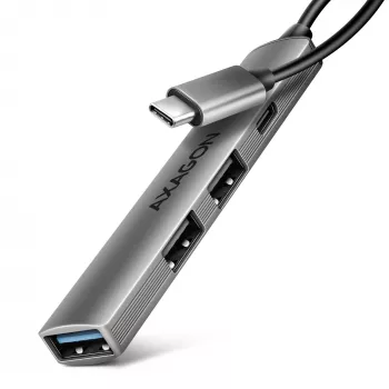Hub USB AXAGON HUE-STC, regleta de aluminio de 4 puertos, 1x USB-A 5 Gbit/s + 2x USB-A y 1x USB-C 480 Mbit/s, host USB-C, cable de 12 cm, gris