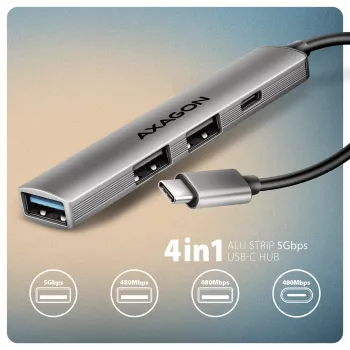 Hub USB AXAGON HUE-STC, regleta de aluminio de 4 puertos, 1x USB-A 5 Gbit/s + 2x USB-A y 1x USB-C 480 Mbit/s, host USB-C, cable de 12 cm, gris