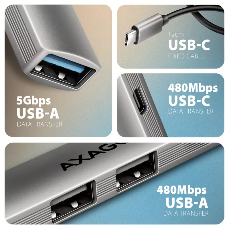 Hub USB AXAGON HUE-STC, regleta de aluminio de 4 puertos, 1x USB-A 5 Gbit/s + 2x USB-A y 1x USB-C 480 Mbit/s, host USB-C, cable de 12 cm, gris