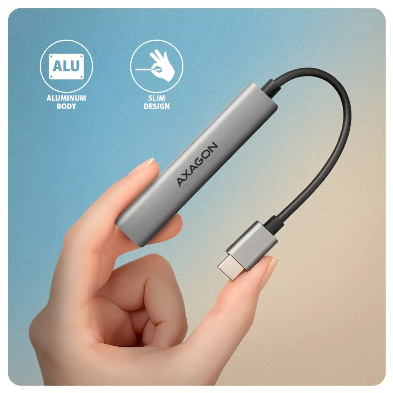 Hub USB AXAGON HUE-STC, regleta de aluminio de 4 puertos, 1x USB-A 5 Gbit/s + 2x USB-A y 1x USB-C 480 Mbit/s, host USB-C, cable de 12 cm, gris