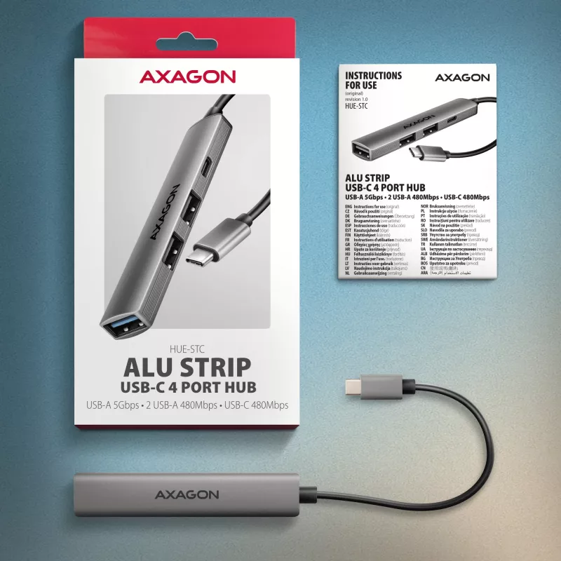 Hub USB AXAGON HUE-STC, regleta de aluminio de 4 puertos, 1x USB-A 5 Gbit/s + 2x USB-A y 1x USB-C 480 Mbit/s, host USB-C, cable de 12 cm, gris