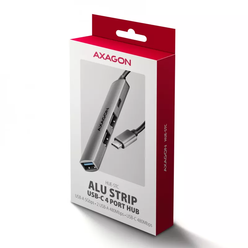 Hub USB AXAGON HUE-STC, regleta de aluminio de 4 puertos, 1x USB-A 5 Gbit/s + 2x USB-A y 1x USB-C 480 Mbit/s, host USB-C, cable de 12 cm, gris