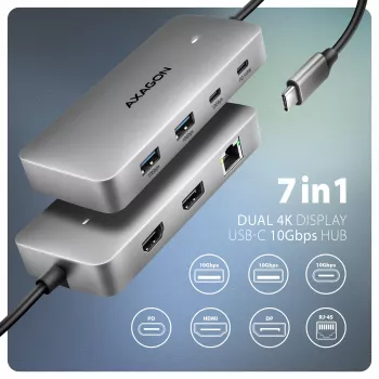 Axagon HMC-CUB83X2 Hub USB 10Gbps, 2x USB-A, USB-C, HDMI y DP 4K/144Hz, RJ-45, PD 100W
