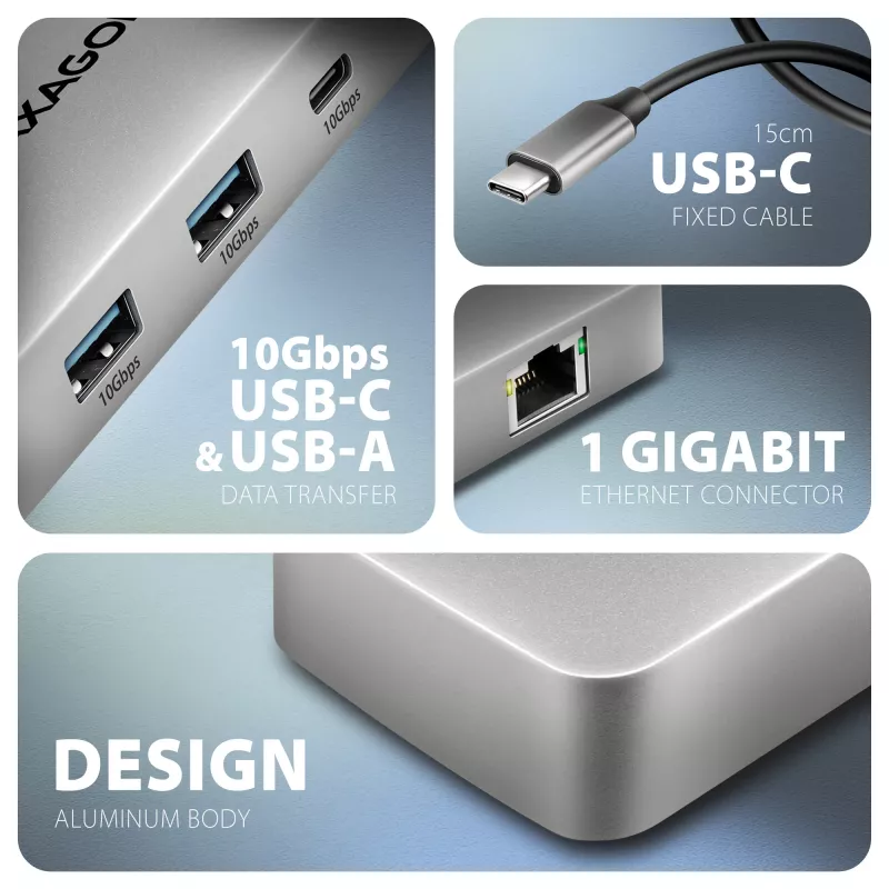 Axagon HMC-CUB83X2 Hub USB 10Gbps, 2x USB-A, USB-C, HDMI y DP 4K/144Hz, RJ-45, PD 100W
