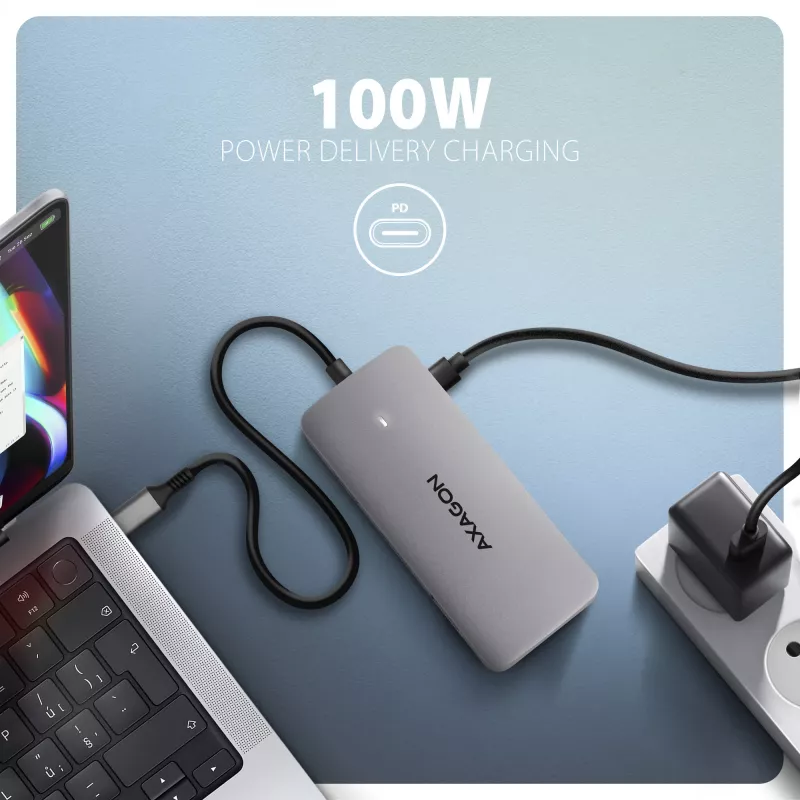 Axagon HMC-CUB83X2 Hub USB 10Gbps, 2x USB-A, USB-C, HDMI y DP 4K/144Hz, RJ-45, PD 100W