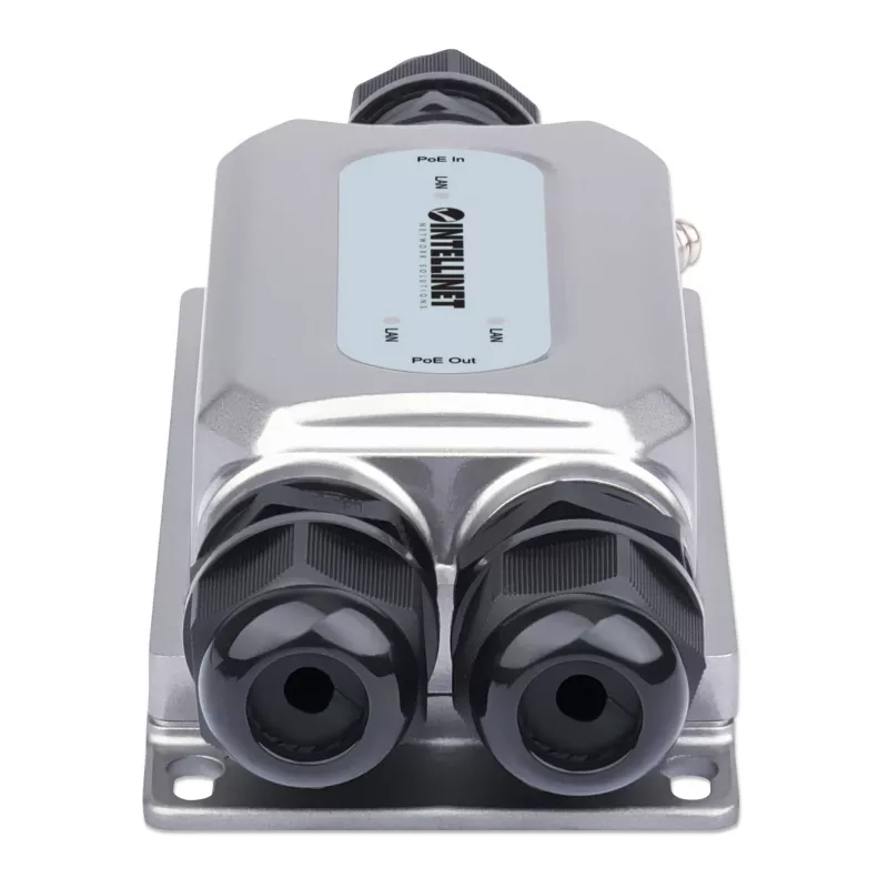 Extensor Gigabit PoE++ Intellinet para exterior antivandálico de 2 puertos, dos puertos de 30 W, extiende PoE hasta 100 m, presupuesto de potencia de 60 W, compatible con IEEE 802.3bt (4PPoE), IP67 impermeable, certificado IK10, carcasa de metal