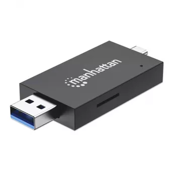 Lector/grabador de tarjetas múltiple combinado Manhattan USB-A / USB-C, 5 Gbit/s (USB 3.2 Gen1 alias USB 3.0), conector macho a ranuras microSD y SD/MMC, formato mini, SuperSpeed USB, Windows o Mac, negro/transparente, tres años de garantía
