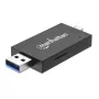 Lector/grabador de tarjetas múltiple combinado Manhattan USB-A / USB-C, 5 Gbit/s (USB 3.2 Gen1 alias USB 3.0), conector macho a ranuras microSD y SD/MMC, formato mini, SuperSpeed USB, Windows o Mac, negro/transparente, tres años de garantía