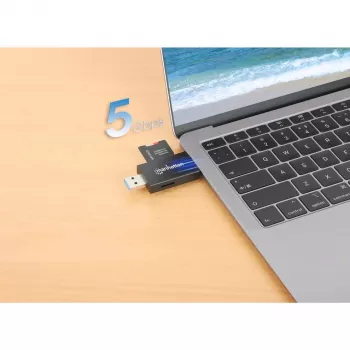 Lector/grabador de tarjetas múltiple combinado Manhattan USB-A / USB-C, 5 Gbit/s (USB 3.2 Gen1 alias USB 3.0), conector macho a ranuras microSD y SD/MMC, formato mini, SuperSpeed USB, Windows o Mac, negro/transparente, tres años de garantía