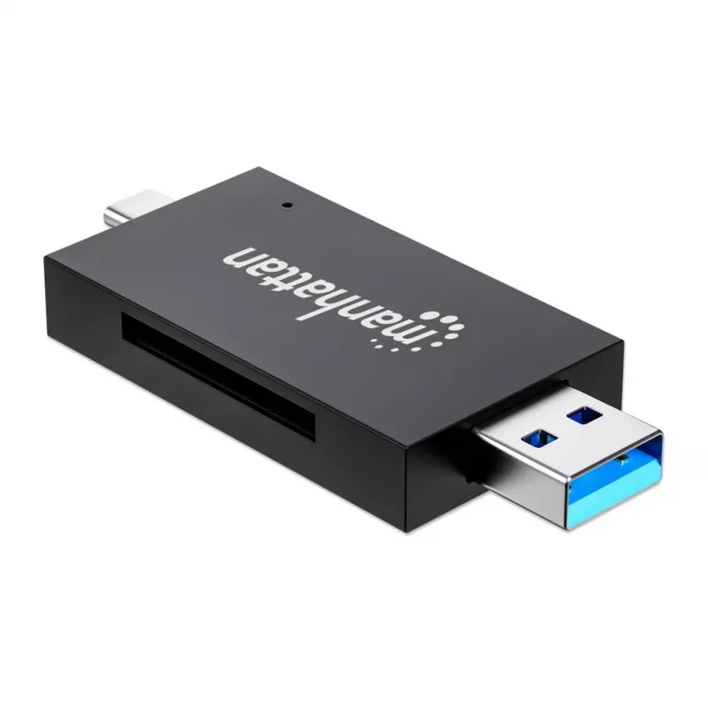 Lector/grabador de tarjetas múltiple combinado Manhattan USB-A / USB-C, 5 Gbit/s (USB 3.2 Gen1 alias USB 3.0), conector macho a ranuras microSD y SD/MMC, formato mini, SuperSpeed USB, Windows o Mac, negro/transparente, tres años de garantía
