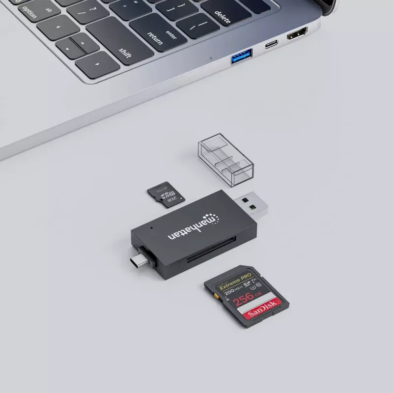 Lector/grabador de tarjetas múltiple combinado Manhattan USB-A / USB-C, 5 Gbit/s (USB 3.2 Gen1 alias USB 3.0), conector macho a ranuras microSD y SD/MMC, formato mini, SuperSpeed USB, Windows o Mac, negro/transparente, tres años de garantía