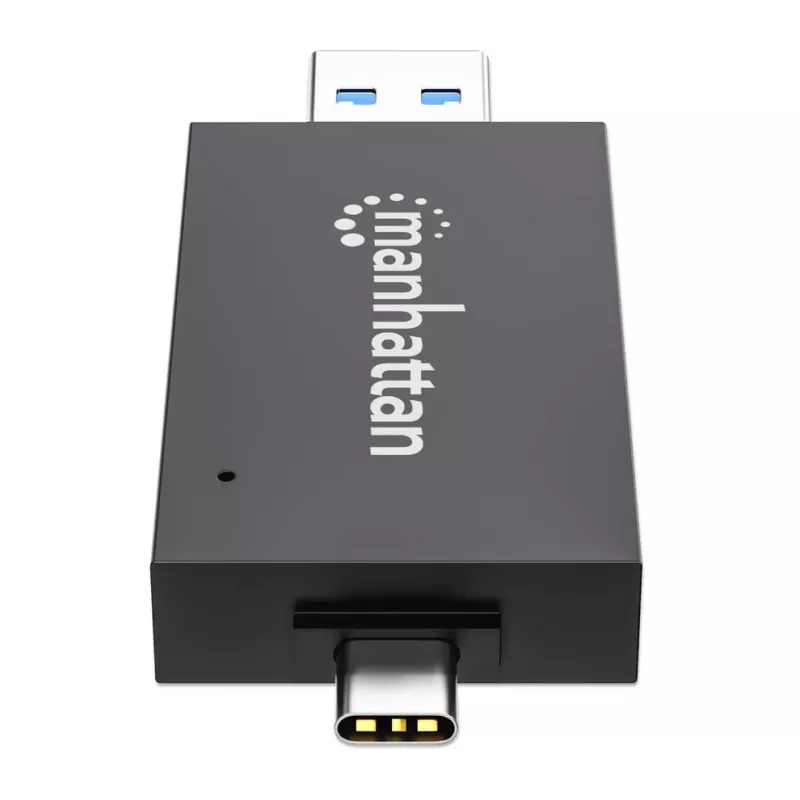 Lector/grabador de tarjetas múltiple combinado Manhattan USB-A / USB-C, 5 Gbit/s (USB 3.2 Gen1 alias USB 3.0), conector macho a ranuras microSD y SD/MMC, formato mini, SuperSpeed USB, Windows o Mac, negro/transparente, tres años de garantía