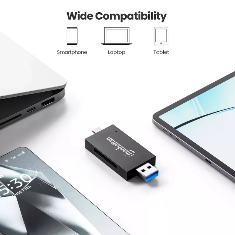 Lector/grabador de tarjetas múltiple combinado Manhattan USB-A / USB-C, 5 Gbit/s (USB 3.2 Gen1 alias USB 3.0), conector macho a ranuras microSD y SD/MMC, formato mini, SuperSpeed USB, Windows o Mac, negro/transparente, tres años de garantía