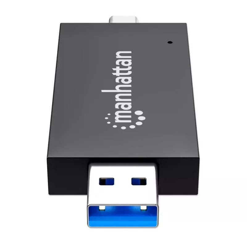Lector/grabador de tarjetas múltiple combinado Manhattan USB-A / USB-C, 5 Gbit/s (USB 3.2 Gen1 alias USB 3.0), conector macho a ranuras microSD y SD/MMC, formato mini, SuperSpeed USB, Windows o Mac, negro/transparente, tres años de garantía