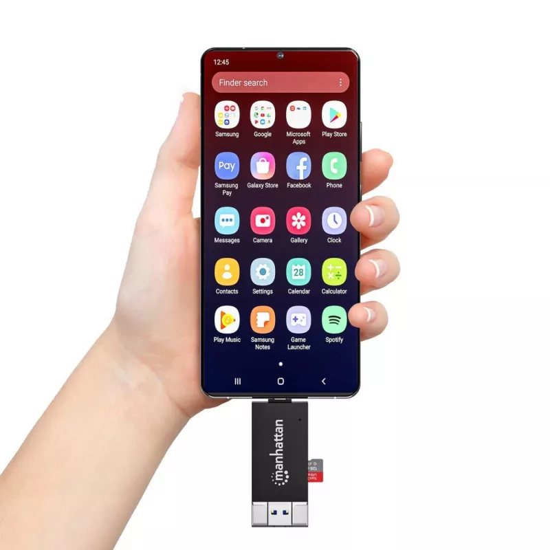 Lector/grabador de tarjetas múltiple combinado Manhattan USB-A / USB-C, 5 Gbit/s (USB 3.2 Gen1 alias USB 3.0), conector macho a ranuras microSD y SD/MMC, formato mini, SuperSpeed USB, Windows o Mac, negro/transparente, tres años de garantía