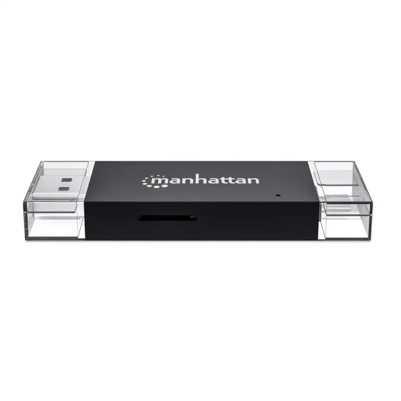 Lector/grabador de tarjetas múltiple combinado Manhattan USB-A / USB-C, 5 Gbit/s (USB 3.2 Gen1 alias USB 3.0), conector macho a ranuras microSD y SD/MMC, formato mini, SuperSpeed USB, Windows o Mac, negro/transparente, tres años de garantía