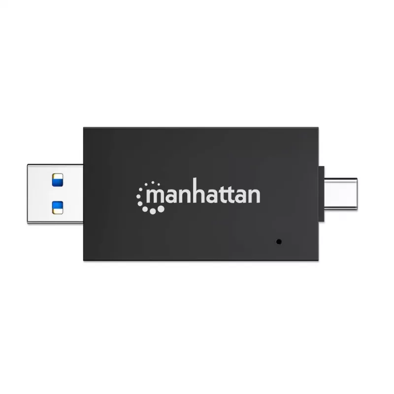 Lector/grabador de tarjetas múltiple combinado Manhattan USB-A / USB-C, 5 Gbit/s (USB 3.2 Gen1 alias USB 3.0), conector macho a ranuras microSD y SD/MMC, formato mini, SuperSpeed USB, Windows o Mac, negro/transparente, tres años de garantía