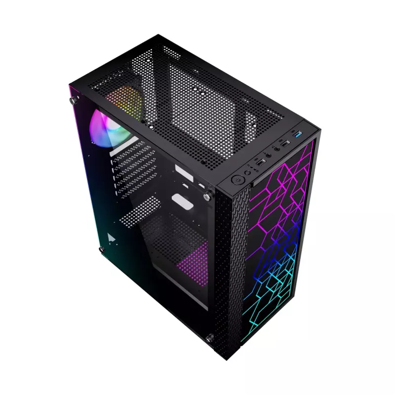 Caja de PC GEMBIRD Fornax 2500 torre Midi negra — compatibilidad ATX/ITX, cristal templado, RGB, 3x120 mm frontal, 2 bahías de 2,5 inch