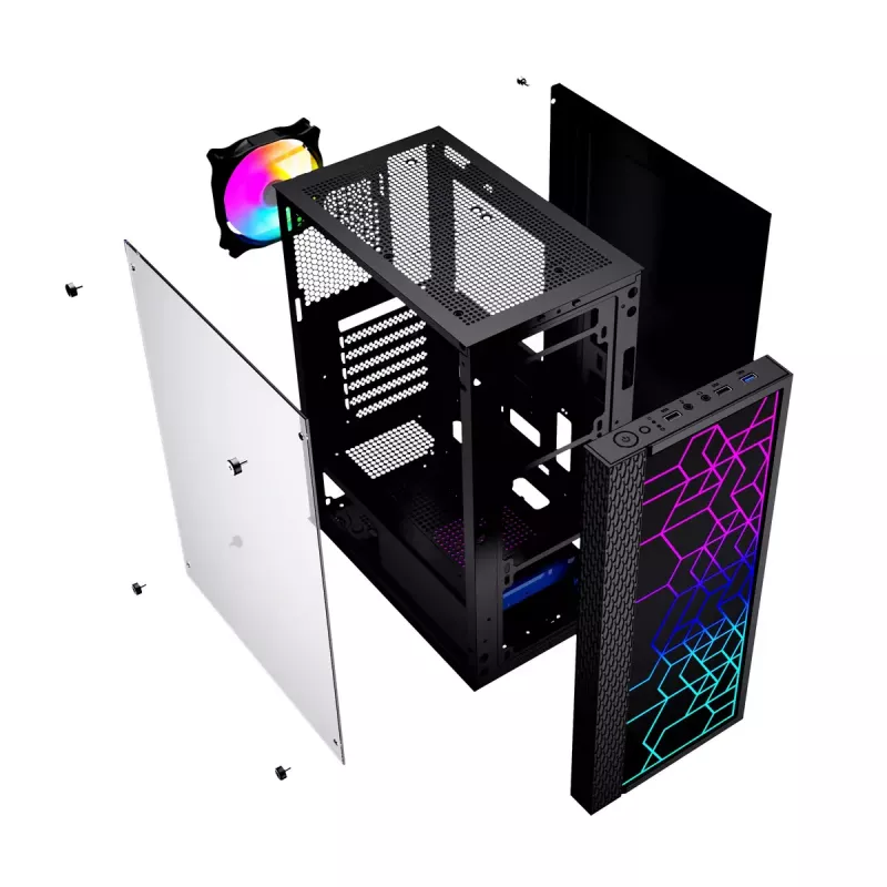 Caja de PC GEMBIRD Fornax 2500 torre Midi negra — compatibilidad ATX/ITX, cristal templado, RGB, 3x120 mm frontal, 2 bahías de 2,5 inch