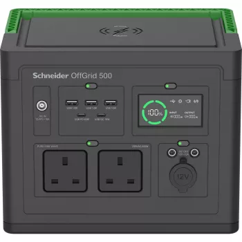 Estación de energía portátil APC SE OffGrid 500 – batería Li-Ion, LCD, 2 tomas UK, 3 USB-A, 2 USB-C, 3 12V, cargador inalámbrico