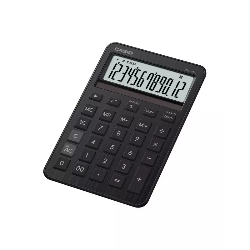 Calculadora de sobremesa CASIO MS-200DQ — Básica, 12 dígitos, batería/solar, funciones de impuestos y beneficios, negra