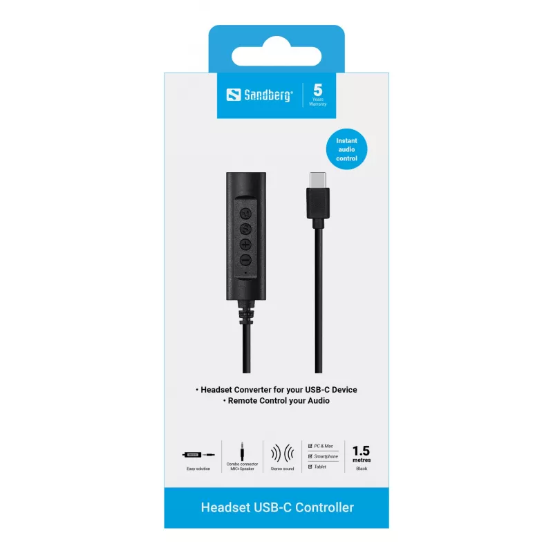 Sandberg Headset USB-C Controller, 1,5 m, mando, 25 g, negro