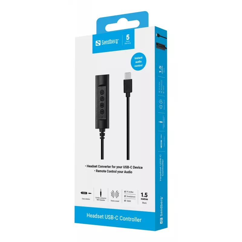 Sandberg Headset USB-C Controller, 1,5 m, mando, 25 g, negro