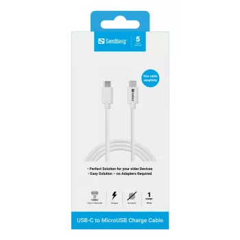Cable de carga Sandberg USB-C>MicroUSB 1m, 1 m, USB C, Micro-USB B, blanco