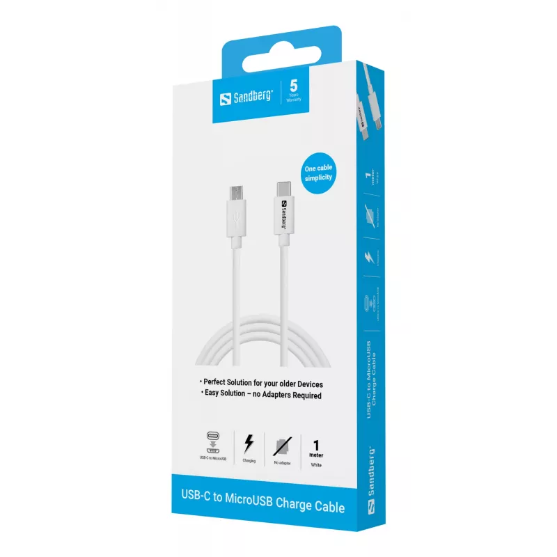 Cable de carga Sandberg USB-C>MicroUSB 1m, 1 m, USB C, Micro-USB B, blanco