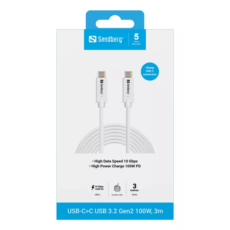 Sandberg USB-C a USB-C USB 3.2 Gen2 100W, 3m, 3 m, USB C, USB C, USB 3.2 Gen 2 (3.1 Gen 2), 10 Gbit/s, blanco