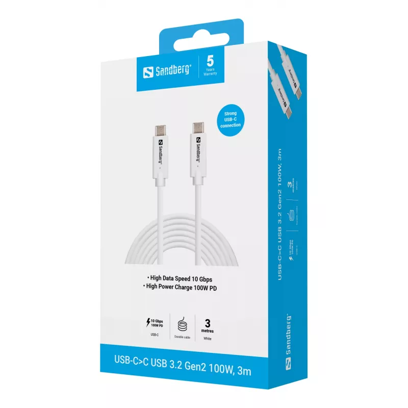 Sandberg USB-C a USB-C USB 3.2 Gen2 100W, 3m, 3 m, USB C, USB C, USB 3.2 Gen 2 (3.1 Gen 2), 10 Gbit/s, blanco