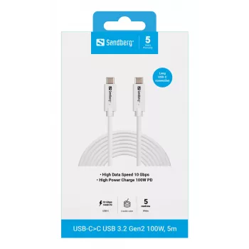 Sandberg USB-C>C USB 3.2 Gen2 100W, 5m, 5 m, USB C, USB C, USB 3.2 Gen 2 (3.1 Gen 2), 10 Gbit/s, blanco