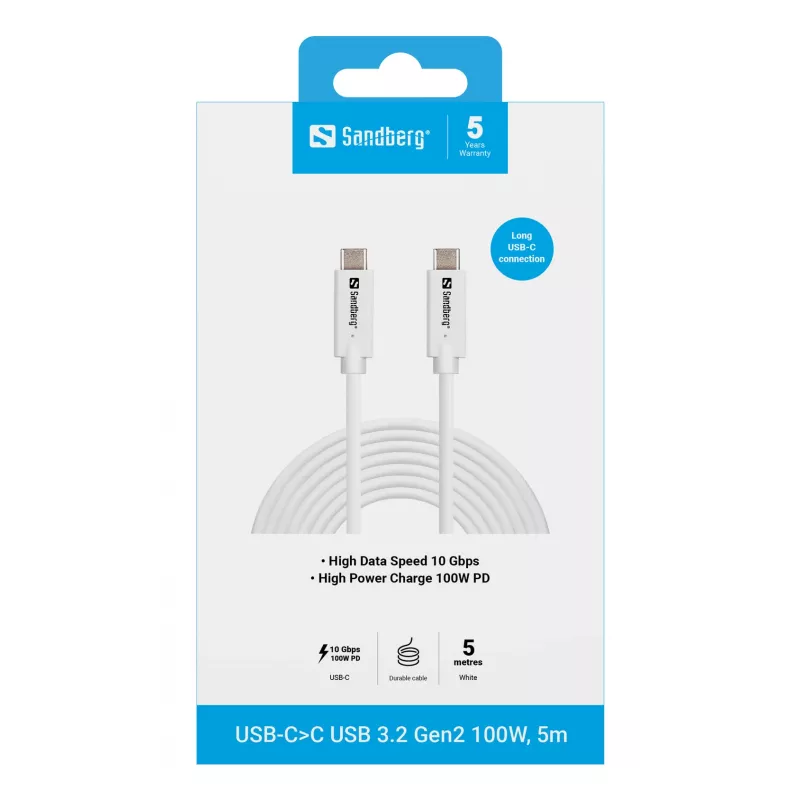 Sandberg USB-C>C USB 3.2 Gen2 100W, 5m, 5 m, USB C, USB C, USB 3.2 Gen 2 (3.1 Gen 2), 10 Gbit/s, blanco