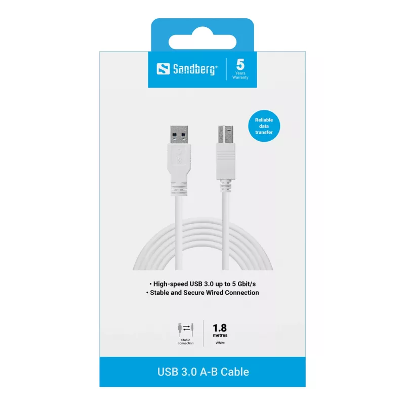 Cable Sandberg USB 3.0 A-B 1,8 m, 1,8 m, USB A, USB B, USB 3.2 Gen 1 (3.1 Gen 1), 5 Gbit/s, blanco