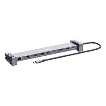 Dock/Hub USB-C Manhattan con lector de tarjetas y MST, conexiones (x7): Ethernet, HDMI (x2 4K@60Hz), USB-A (x3) y USB-C, con Power Delivery (PD) 100 W – requiere cargador USB-C externo (no incluido). Alimentado por USB (no requiere fuente de alimentación externa) cuando no se utiliza PD
