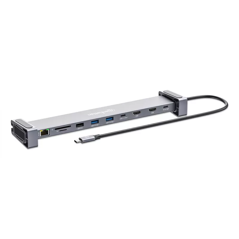 Dock/Hub USB-C Manhattan con lector de tarjetas y MST, conexiones (x7): Ethernet, HDMI (x2 4K@60Hz), USB-A (x3) y USB-C, con Power Delivery (PD) 100 W – requiere cargador USB-C externo (no incluido). Alimentado por USB (no requiere fuente de alimentación externa) cuando no se utiliza PD
