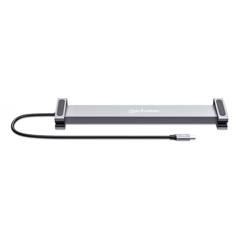 Dock/Hub USB-C Manhattan con lector de tarjetas y MST, conexiones (x7): Ethernet, HDMI (x2 4K@60Hz), USB-A (x3) y USB-C, con Power Delivery (PD) 100 W – requiere cargador USB-C externo (no incluido). Alimentado por USB (no requiere fuente de alimentación externa) cuando no se utiliza PD