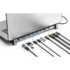 Dock/Hub USB-C Manhattan con lector de tarjetas y MST, conexiones (x7): Ethernet, HDMI (x2 4K@60Hz), USB-A (x3) y USB-C, con Power Delivery (PD) 100 W – requiere cargador USB-C externo (no incluido). Alimentado por USB (no requiere fuente de alimentación externa) cuando no se utiliza PD