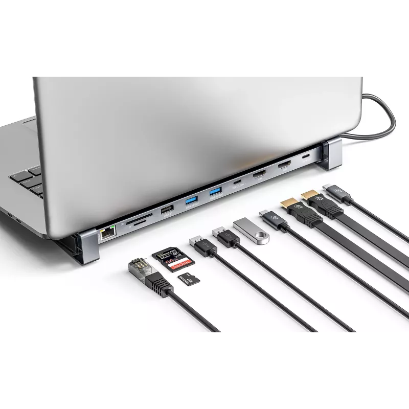 Dock/Hub USB-C Manhattan con lector de tarjetas y MST, conexiones (x7): Ethernet, HDMI (x2 4K@60Hz), USB-A (x3) y USB-C, con Power Delivery (PD) 100 W – requiere cargador USB-C externo (no incluido). Alimentado por USB (no requiere fuente de alimentación externa) cuando no se utiliza PD