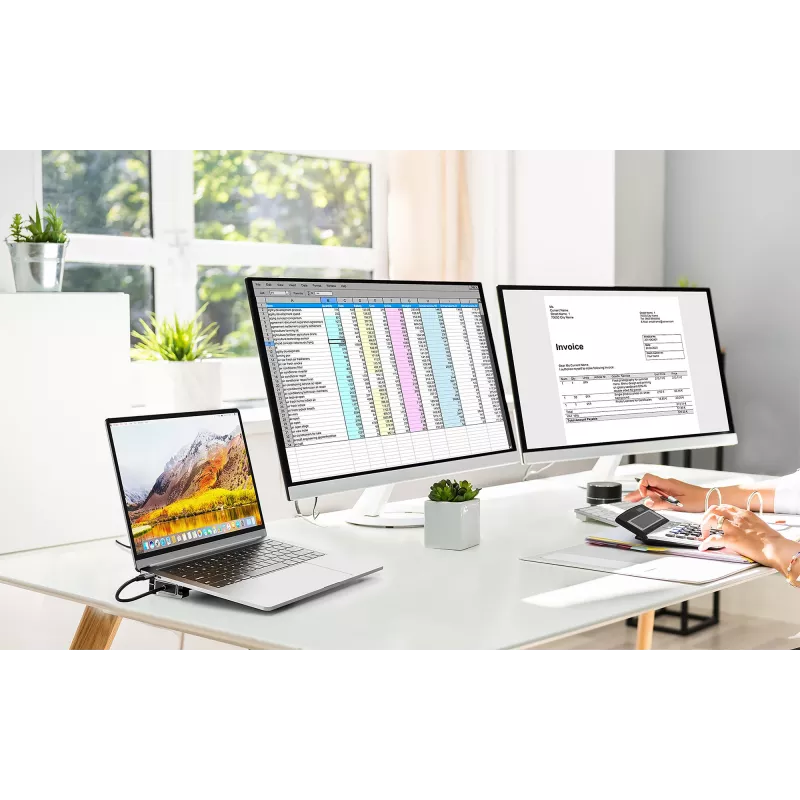 Dock/Hub USB-C Manhattan con lector de tarjetas y MST, conexiones (x7): Ethernet, HDMI (x2 4K@60Hz), USB-A (x3) y USB-C, con Power Delivery (PD) 100 W – requiere cargador USB-C externo (no incluido). Alimentado por USB (no requiere fuente de alimentación externa) cuando no se utiliza PD