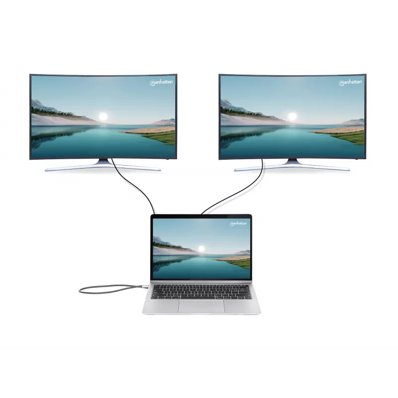 Dock/Hub USB-C Manhattan con lector de tarjetas y MST, conexiones (x7): Ethernet, HDMI (x2 4K@60Hz), USB-A (x3) y USB-C, con Power Delivery (PD) 100 W – requiere cargador USB-C externo (no incluido). Alimentado por USB (no requiere fuente de alimentación externa) cuando no se utiliza PD