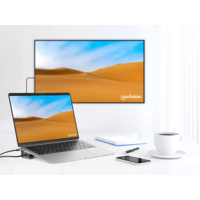 Dock/Hub USB-C Manhattan con lector de tarjetas y MST, conexiones (x7): Ethernet, HDMI (x2 4K@60Hz), USB-A (x3) y USB-C, con Power Delivery (PD) 100 W – requiere cargador USB-C externo (no incluido). Alimentado por USB (no requiere fuente de alimentación externa) cuando no se utiliza PD